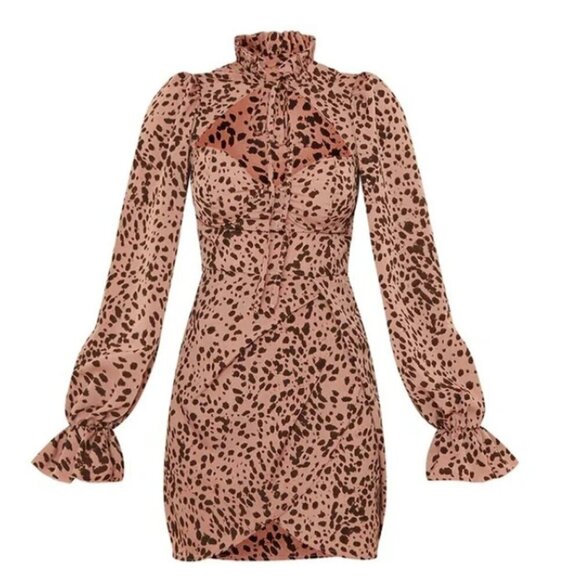 PrettyLittleThing Pink Brown Polka Dot Tie Neck Wrap Skirt Bodycon Dress Size 12 - Picture 2 of 12